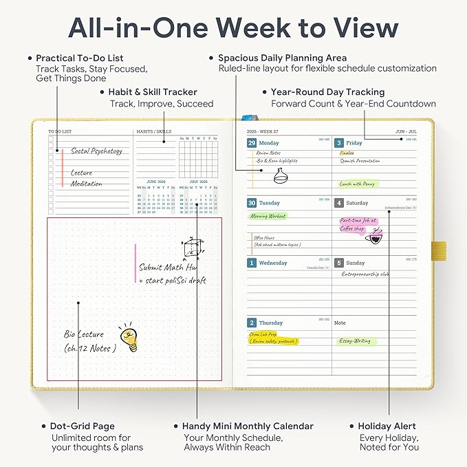 Weekly Planner 2026-2027 A5 (6.5" x 8.5") 12 Months (Jul'26 - Jun'27) Weekly & Monthly Planner with Month Tabs & Inner Pocket, Expenses/Note Pages, PU Leather Yellow