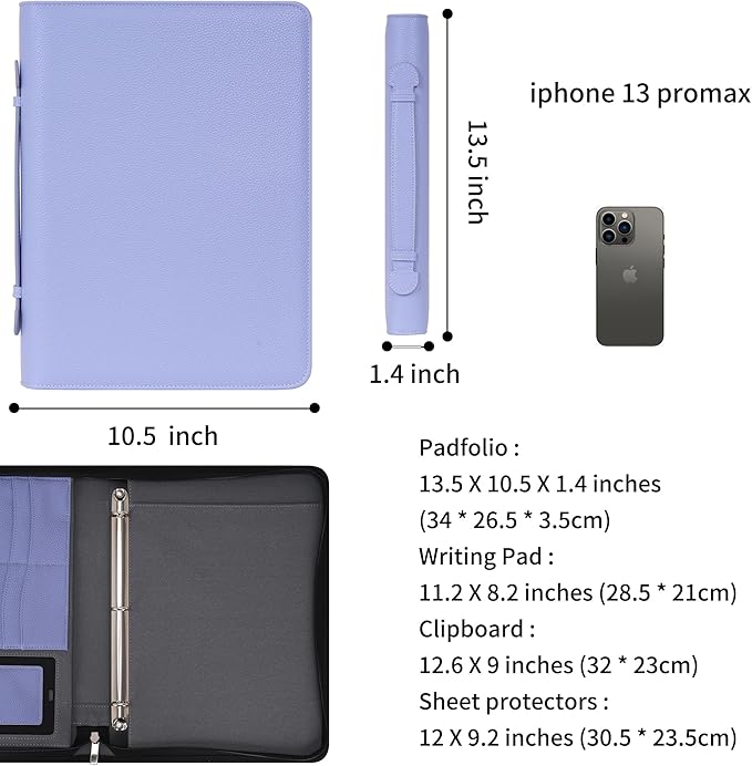 Wonderpool Travel Zippered Portfolio 3 Ring Binder A4 Padfolio Document Case with Removable Clipboard Legal Pad Holder, Business Office School Organizer for Men and Women (Purple)