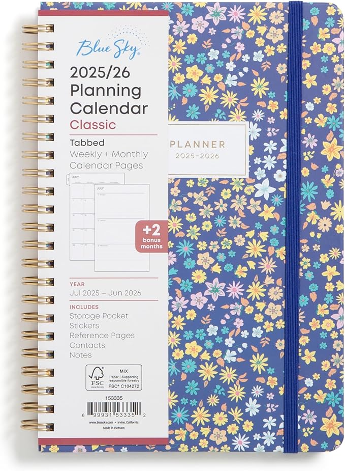Blue Sky 2025-2026 Weekly and Monthly Academic Year Planner Calendar, July 2025 - June 2026, 5" x 8", Hard Cover, Wirebound, Storage Pocket, Laminated Tabs, Stickers, Becky