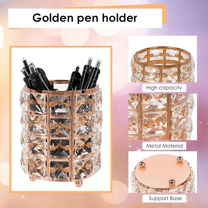 Crystal Pen Holder, Pencil Cups for Desk, Multi-Purpose Desktop Organizer, for Office Writing Desk (Rose Gold)