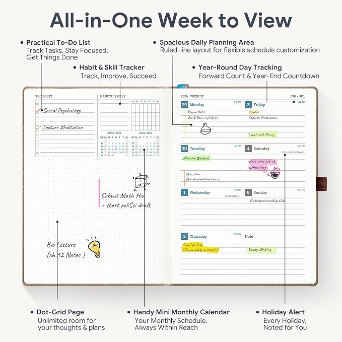 Weekly Planner 2026-2027 A5 (6.5" x 8.5") 12 Months (Jul'26 - Jun'27) Weekly & Monthly Planner with Month Tabs & Inner Pocket, Expenses/Note Pages, PU Leather Brown