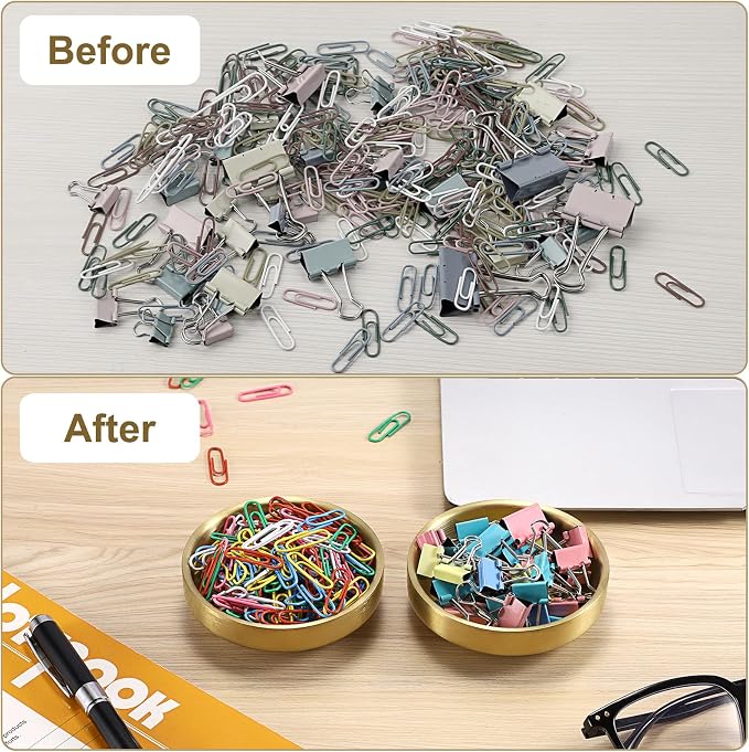 BTSKY 2 Pack Flat Golden Paper Clip Holder, Stackable Desk Organizer Metal Storage Bowl for Small Office Supplies Paper Clips & Tiny Parts, Cute Round Jewelry Storage for Office Bathroom Vanity
