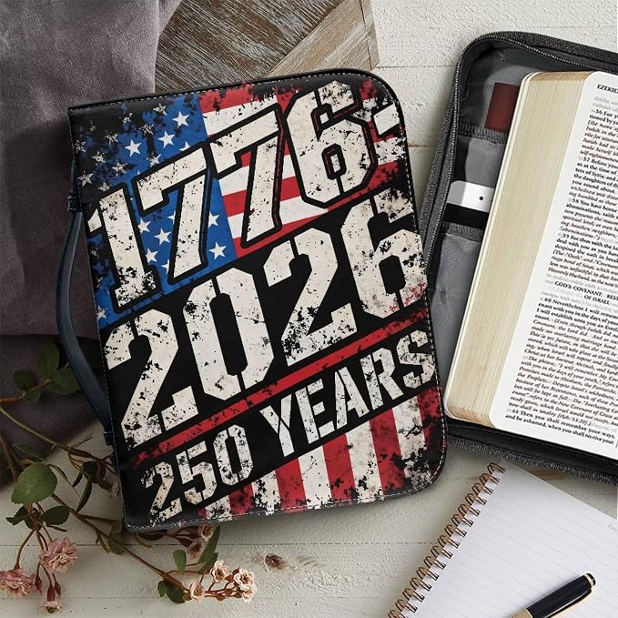 Bible Cover Case for Women, 250 Year USA Waterproof Lightweight Christian Tote Bag with Handle, PU Leather Scripture Tote Bags Patriotism Gifts for Women