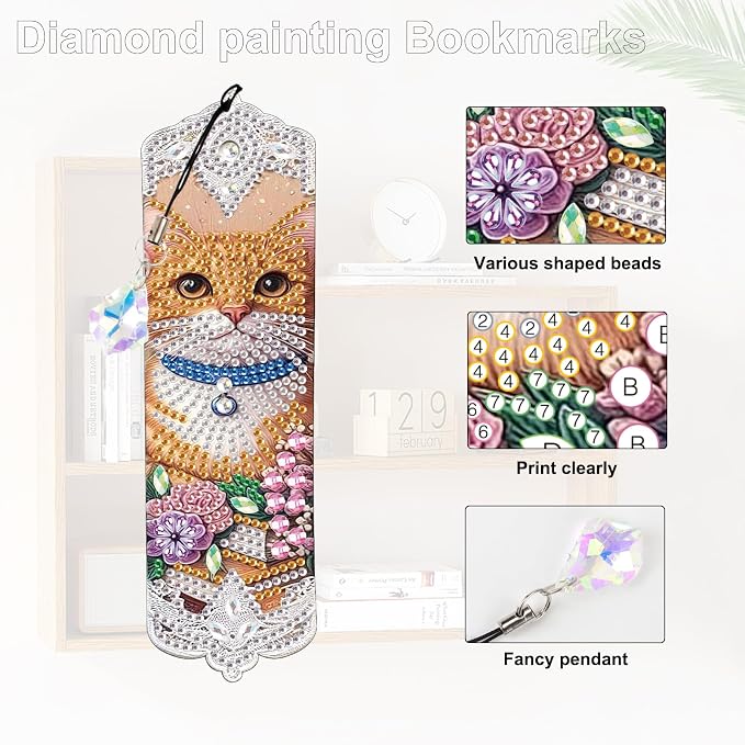 Tontut 3pcs Diamond Art Painting Kit Bookmarks, Cat on Books Fine General Purpose DIY Bookmarks, Lightweight and Durable, Suitable for Reading Lovers