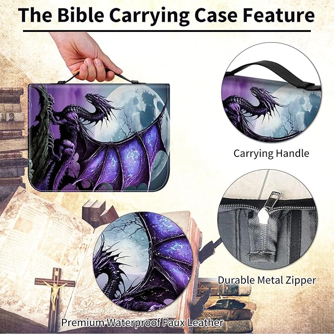 Bible Cover for Men,Large Leather Bible Case Fit Book Up to 11x8x2 Inch,Purple Arcient Dragon Bible Covers Bible Study Carrier Church Bags w/Handle & Zipper