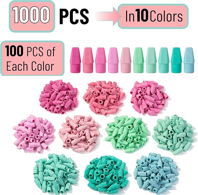 Mr. Pen- Pencil Erasers Toppers, 1000 Pack, Colorful, Latex Free, No Smudge, Mr Pen Erasers for Pencils