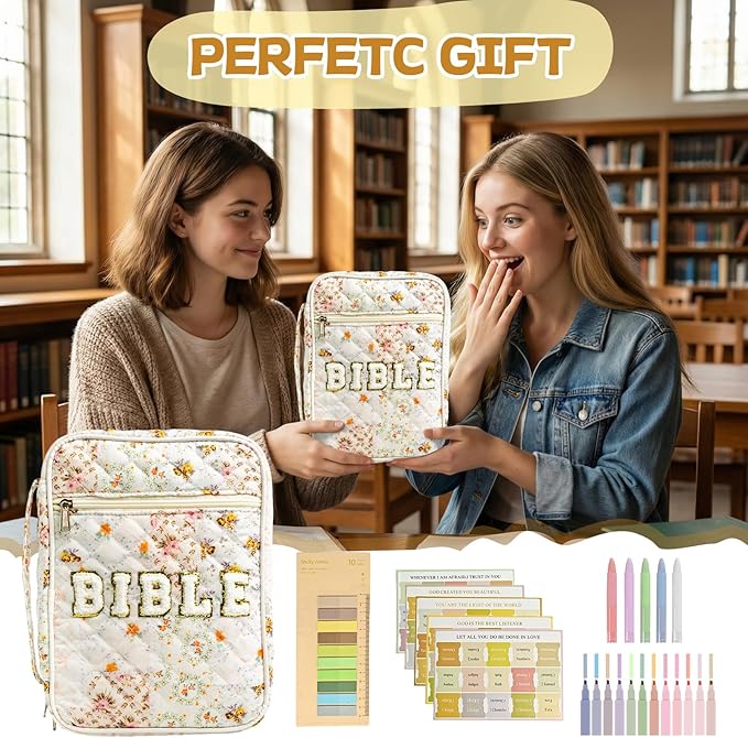 Bible Cover Case for Women Large Chenille Letter Bible Bag with Handle Quilted Bible Carrying Case for Girls Bible Study Supplies Accessories (Spliced Flower)
