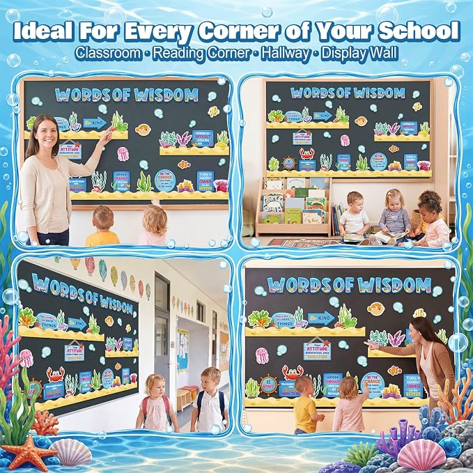 Qilery Ocean Theme Bulletin Board Set, Under the Sea Motivational Classroom Decor, Words of Wisdom Inspirational Cutouts, Back to School Teacher Supplies, Positive Affirmation Wall Decor