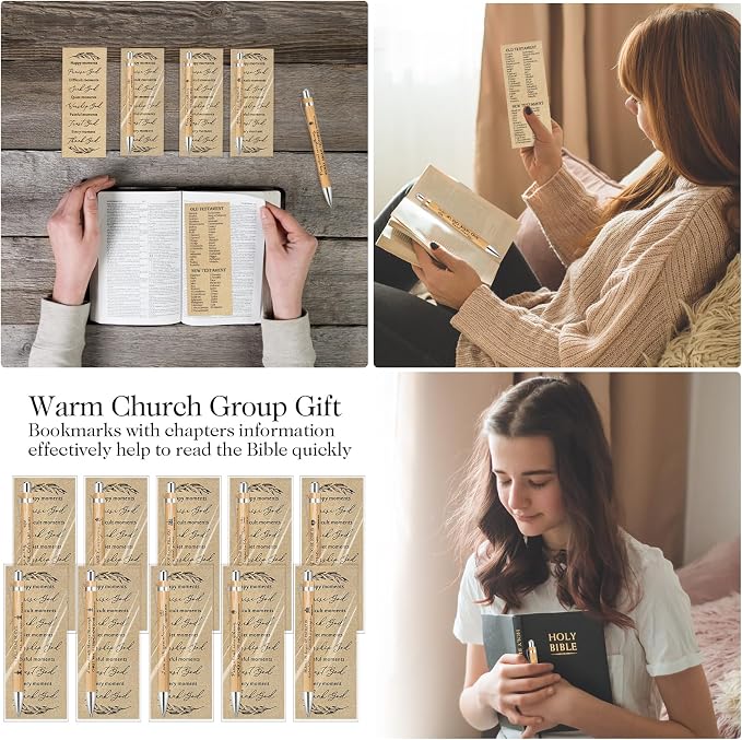 Spakon 50 Sets Christian Gifts Bulk Bible Verse Pen Religious Double Sided Emergency Numbers Bookmark for Men Women Church Members Sunday School