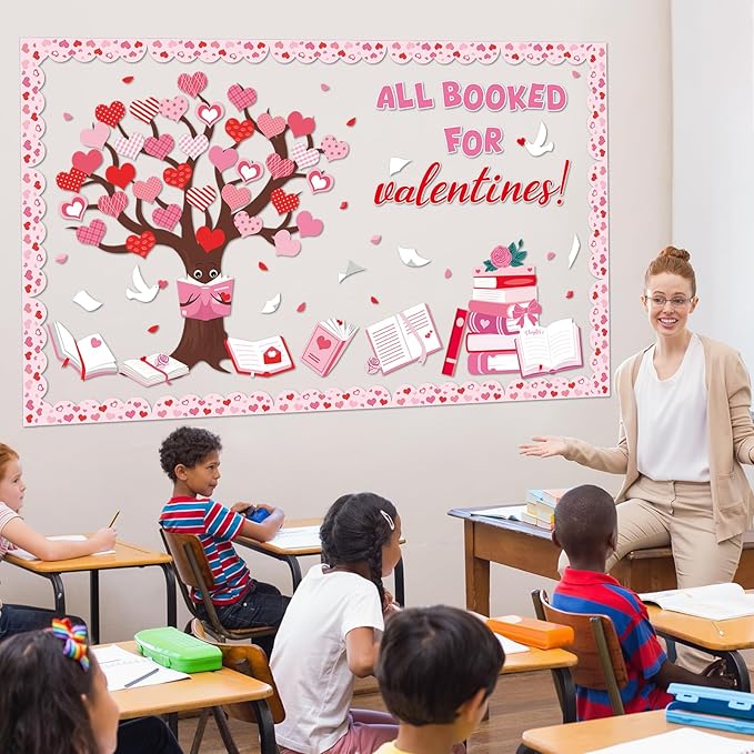 Valentine’s Day Bulletin Board Set Reading Bulletin Board Decorations All Booked for Valentines Classroom Decoration Pink Heart Books Tree Paper Cutouts for School Library Chalkboard Door Decor