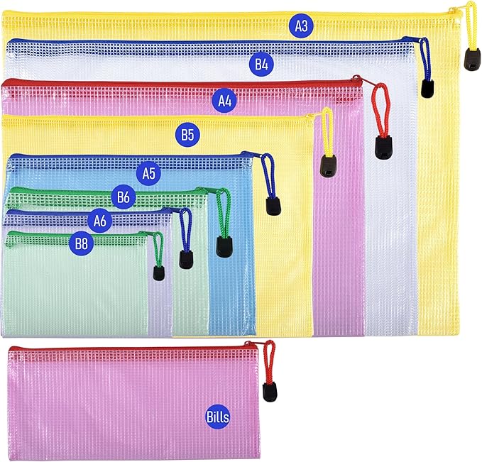 6 Pcs 3.74" x 5.31" B8 Sizes Mesh Zipper Pouch Bags, Mesh Bags with Zipper，Waterproof Clear Document Pouch for Organization Puzzles Travel, Office, Classroom Organization, B8 Green