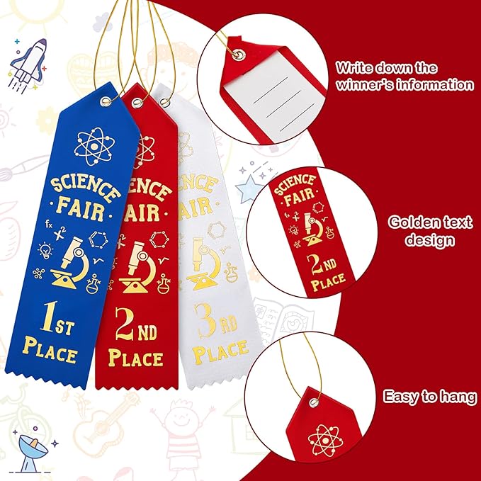 45 Pcs Science Fair Award Ribbons 1st, 2nd, 3rd Place Participation Prize Winner Recognition Ribbons with Event Card and Rope for Competition Sports Event Contest Prize Ornaments