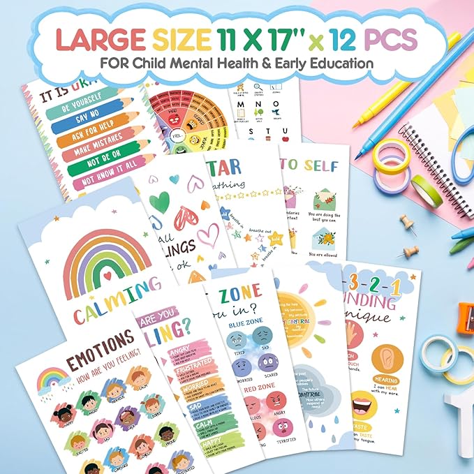 12PCS Calming Corner Classroom Posters (11x17"), Emotions Chart Feelings Wheel Calm Down Corner Supplies, Mental Health Therapy Office Wall Decor for Preschool Kids Teacher