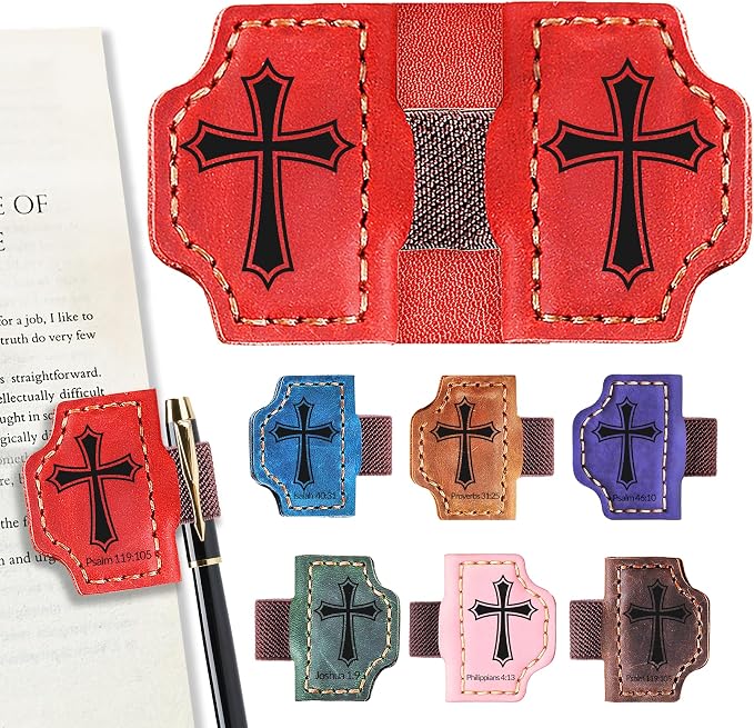 Personalized Magnetic Bookmark with Pen Holder, Bible Verse Scripture Design, Custom Leather Bookmark Bible Study Supplies for Women Men, Christian, Book Lovers Gifts (Red, Cross)
