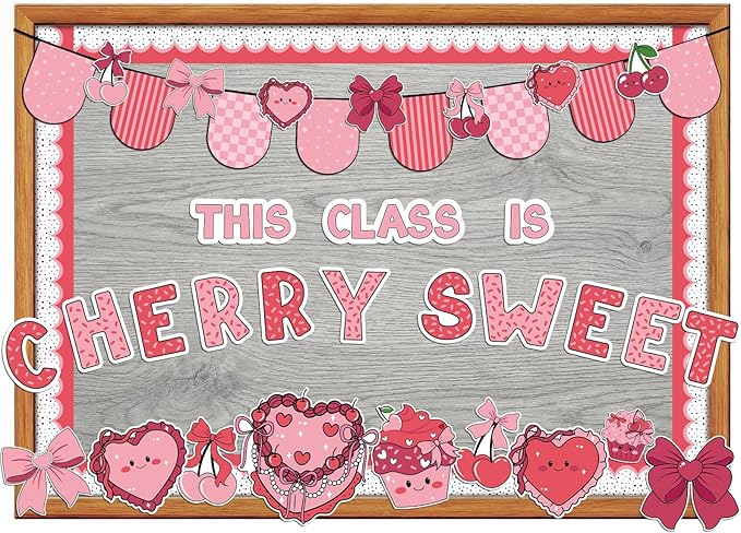 Gersoniel 55 Pcs Valentine's Day Bulletin Board Classroom Decorations Pink Cherry Sweet Bulletin Board Decorations Set Cutouts for Valentine's Chalkboard Wall Decor Supplies