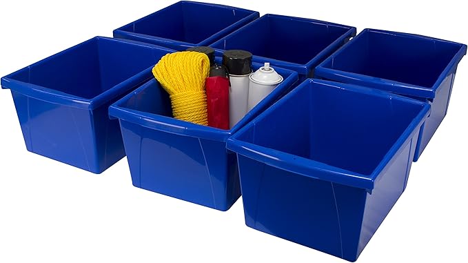 Storex 4 Gallon Storage Bin – Plastic Classroom Organizer for Books and Supplies, Blue, 6-Pack (61451C06C)