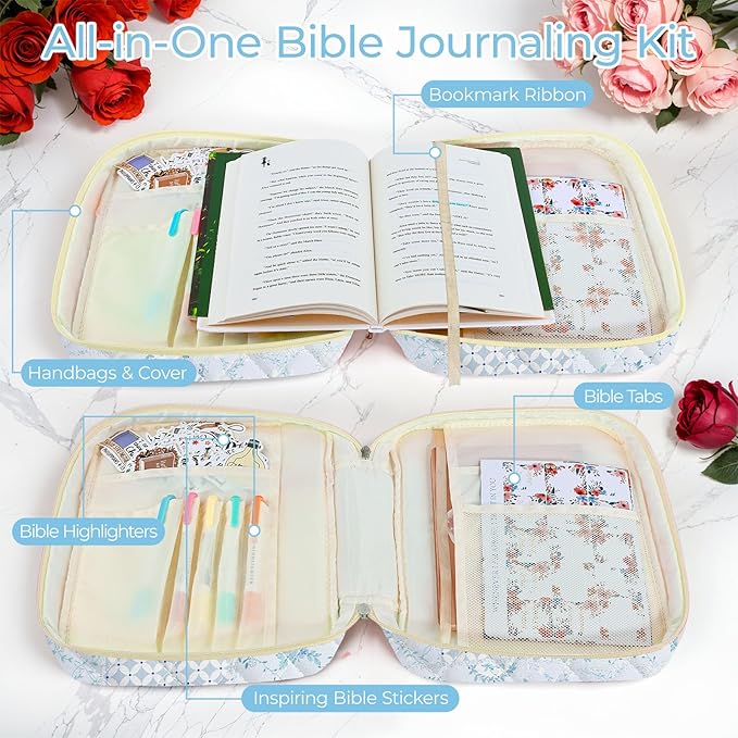 WOBAGMEN Bible Cover Case for Women,Large Bible Tote Bags Organizer Quilted Carrying Case for Girls,Bible Study Supplies Accessories Christian Gifts for Women (Blue Floral pin, M)