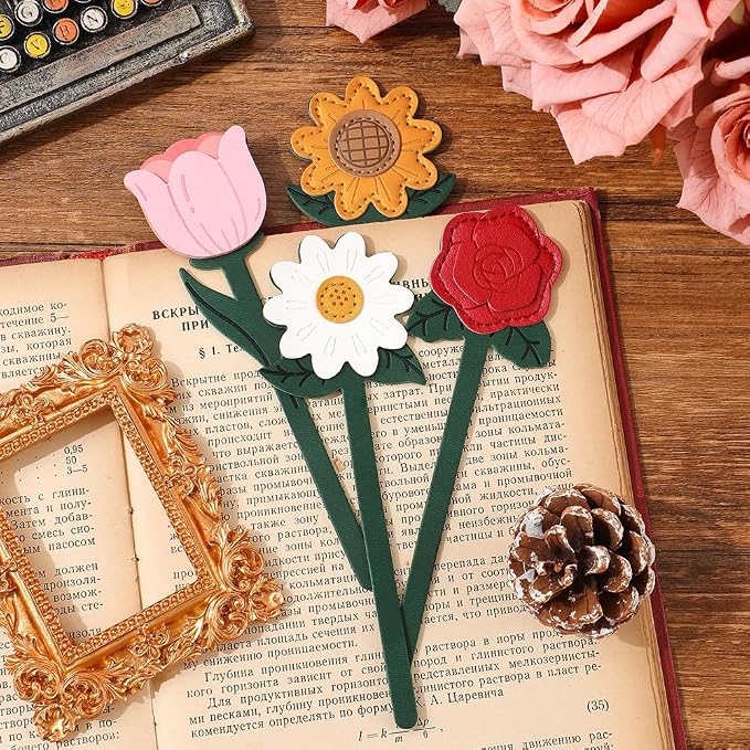 2 Pieces Bookmarks,Vintage Leather Bookmarks for Women,Cute Bookmarks for Book Lovers,Teacher,Daisy and Tulip