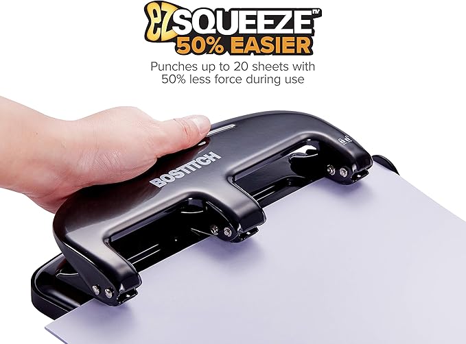 Bostitch Office EZ Squeeze 20 Sheet Standard 3 Hole Punch, Metal Construction & Executive 3 in 1 Stapler, Includes 210 Staples and Integrated Staple Remover,20 Sheet Capacity, Red