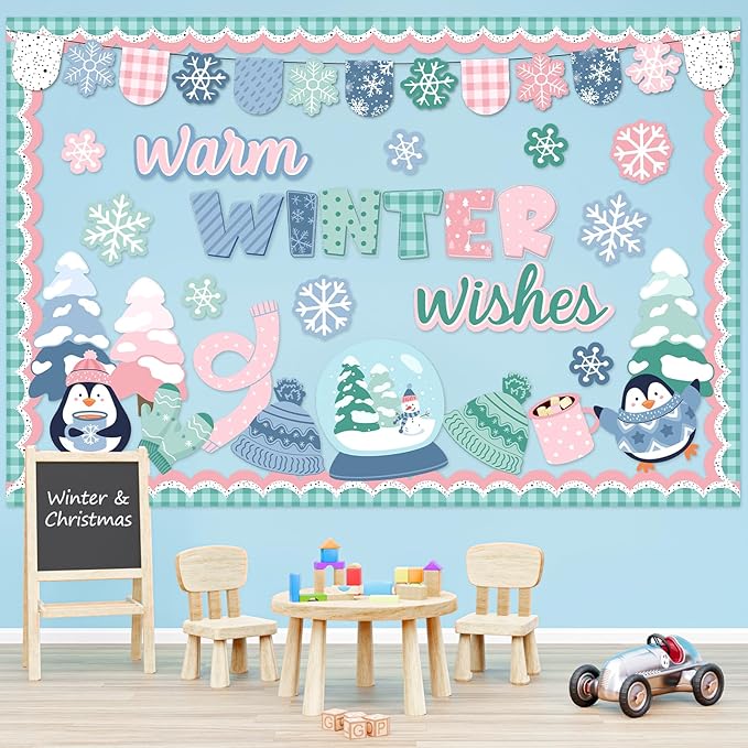 Winter Wonderland Bulletin Board Set Warm Winter Wishes Snow Globe Classroom Decorations Snowflakes Penguins Mittens Hats Trees Paper Cutouts for Office Home Library Wall Holiday Display