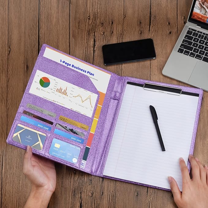 Cacturism Padfolio Portfolio Folder, Foldable Letter Size Clipboard Legal Pad, Bling PU Leather Professional Folio Organizer for Women - Resume Business Document Holder for Job Work Office, Purple
