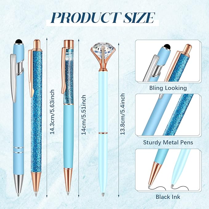 Sabary 8 Pcs Blue Pens with Pen Holder for Desk Glitter Crystal Diamond Cute Ballpoint Fancy Pencil Holder Bling Desk Organizer for Women Girls School Office Supplies Wedding Graduation Gifts