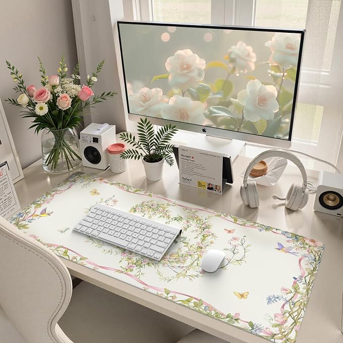 HAOCOO Floral Bow Desk Mat, Cute Keyboard Mat for Desk, XXL Mouse Pad with Non-Slip Base, Waterproof Computer Mat for Office Decor & Accessories, Girly Desk Organizers for Home
