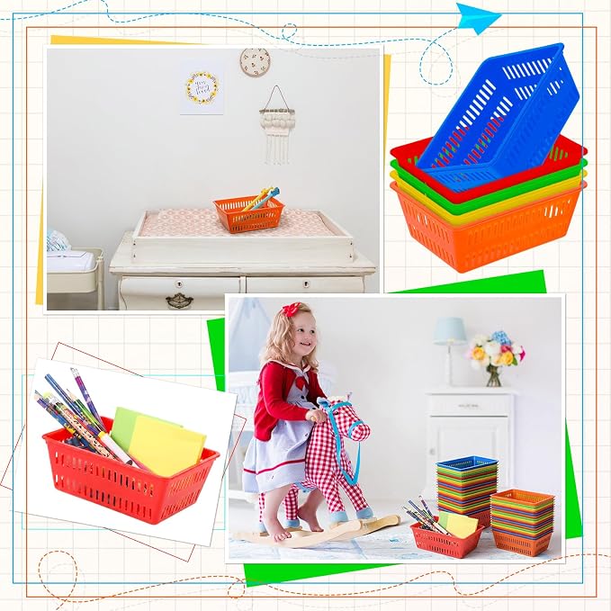 Sherr 60 Pack Classroom Storage Basket Small Plastic Basket for Organizing Crayon Pencil Container Storage Bin Tray Holder for Paper Shelf Back to School Office Supply 6.1"l x 4.3"w x 2.4"h (Colorful)