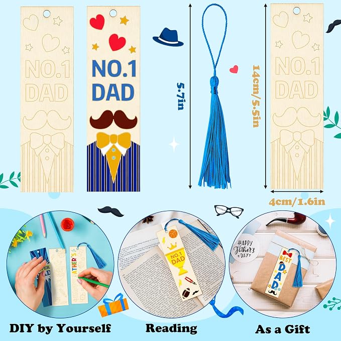 Color Your Own Father's Day Bookmarks for Kids- 36Pcs Bulk Happy Father's Day Wooden Blank Bookmarks with Tassels DIY Father's Day Art Craft Gifts from Kids for Holiday Party Goodie Fillers