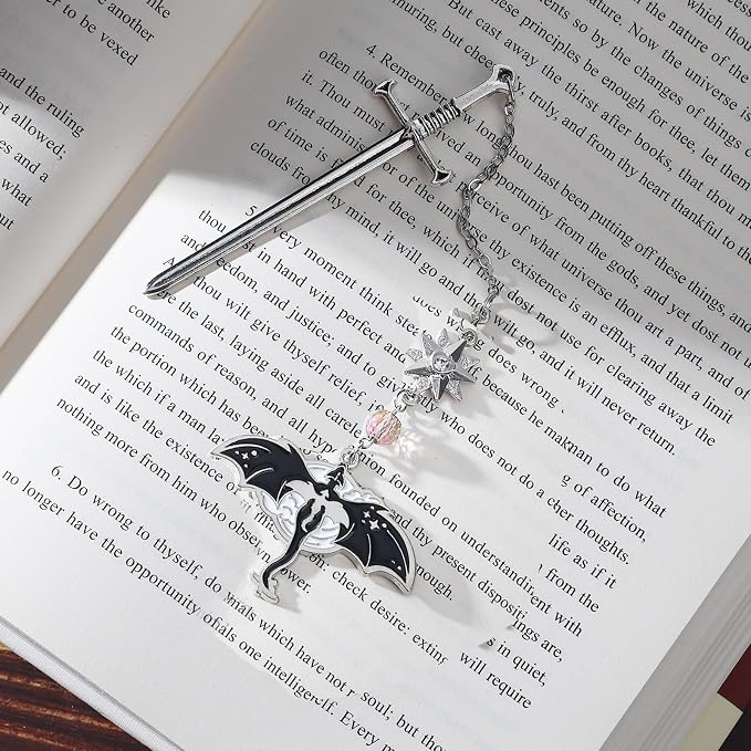 Silver Dragon Bookmark with Sword and Fourth Wing Antique Metal Tassel Pendant, Bookmarks for Reading Women, Men, Book Lovers, Teachers and Students, Christmas Birthday Gifts