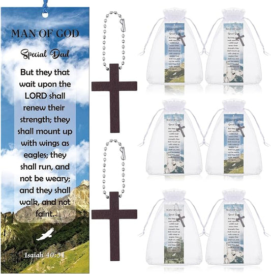 Dispowreath 24 Pcs Father's Day Christian Gifts Include 12 Wooden Cross Charm 12 Man of God Bookmark Religious Church Gift Special Dad for Men Church Prizes Party Favor