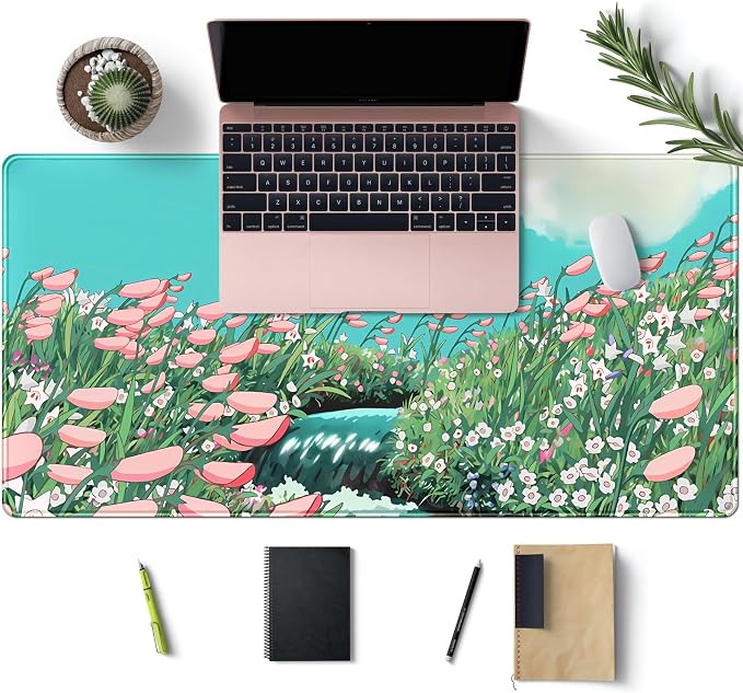 Cute Anime Floral Desk Mat Sage Green Large Mouse Pad XL Gaming Mousepad Kawaii Desk Keyboard Pad Laptop Computer Mouse Mat Cute Desk Decor Desk Pads On Top of Desks for Desktop 31.5''X 15.7''