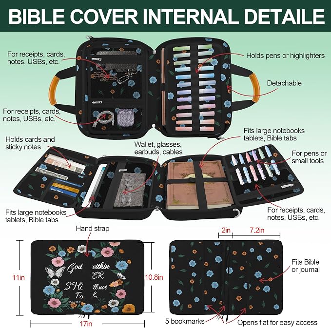 Butterfly Floral Bible Cover Case for Women,Large Boho Church Bag,Bible Bags for Women Organizer,Bible Study Supplies Journaling Kit Book Carrying Case with Bible Highlighters Shoulder Strap