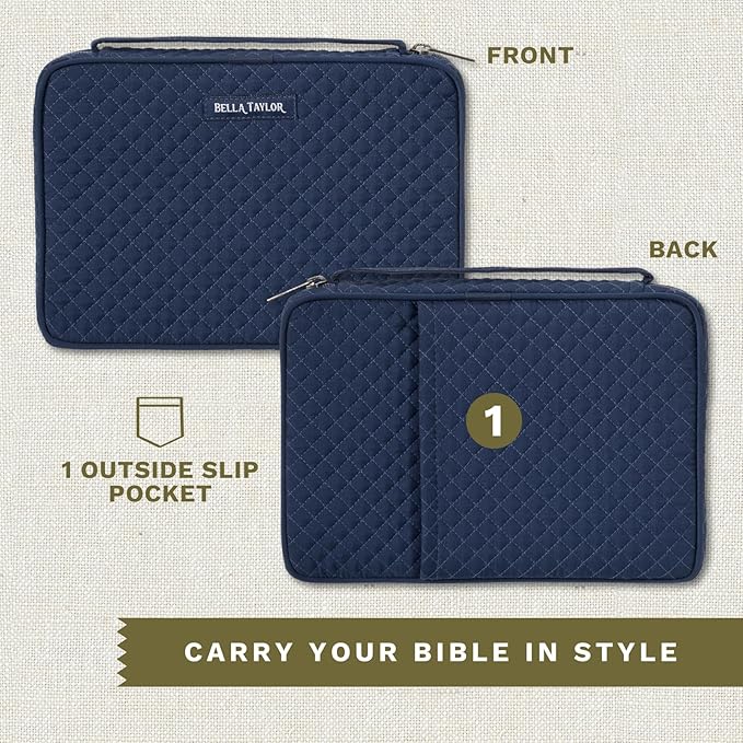 Bella Taylor Small Bible Cover for Women - Quilted Cotton Bible Case for 6 x 9 inch Books - Solid Navy