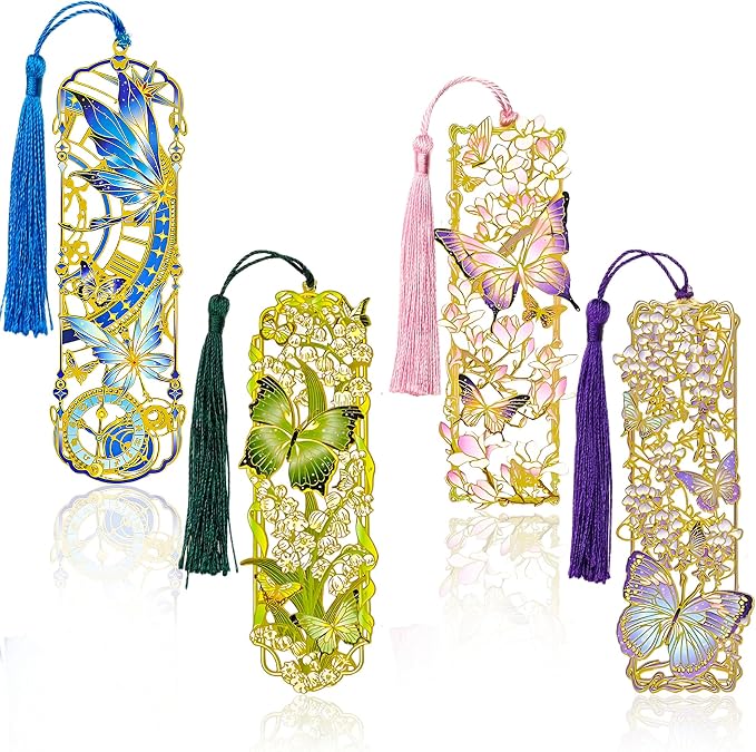 4 Pcs Metal Bookmarks Set with Tassels, Beautiful Floral and Butterfly Cutout Bookmarks for Reading Lovers Book Lovers Gifts, for Women, Men, Kids, Girls, Readers