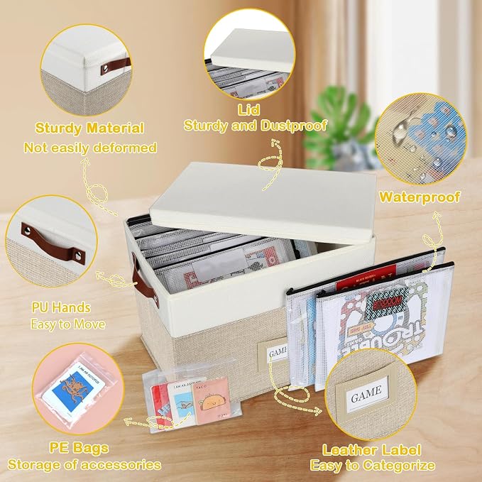 Board Game Storage, Board Game Organizer with 12pcs Zipper Bags and Writable Stickers, Board Organizers Storage with Lid for Office Supplies, Puzzles, Video Game, Craft Product,Beige