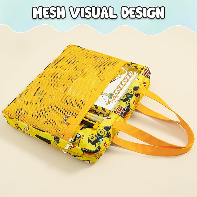 WAWSAM Truck Kids Mesh Zipper Pouch, File Organizer Folders with Pocket | 13.78" x 11.42" Waterproof File Folder for Boys with Handle, Document Organizer for School, Books, Travel, Home Storage
