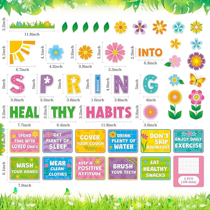 Ctosree 60 Pcs Spring Healthy Bulletin Board Decorations Set Habits Poster Colorful Flower Butterfly Plants Cutouts for Teacher Classroom School Office Chalkboard Wall Supply