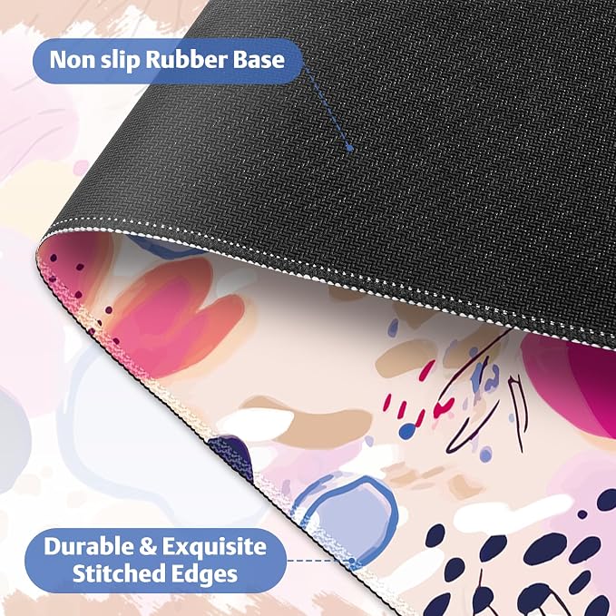 Desk Pad Mouse Pad, Large Gaming Mouse Mat with Stitched Edges, Non-Slip Waterproof Rubber Base Mous Mat for Office Computer Keyboard Laptop Home Decor Women (35.4X17.5 in), Apricot Magenta Flower