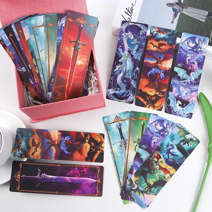 Wxiben Dragon Sword Bookmarks Gifts - 48PCS Fantastic Bookmarks for Men Cool Anime Book Markers Sword Dragon Book Mark for Boy Students Teacher Reading
