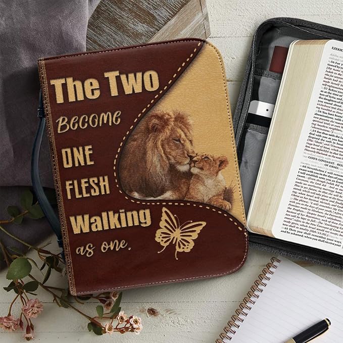 Religious Style Cross and Lion Bible Case with Bookmark Waterproof Bible Cover Case for Women Lightweight Bible Bag with Handle Pockets Church Book Bag Brown
