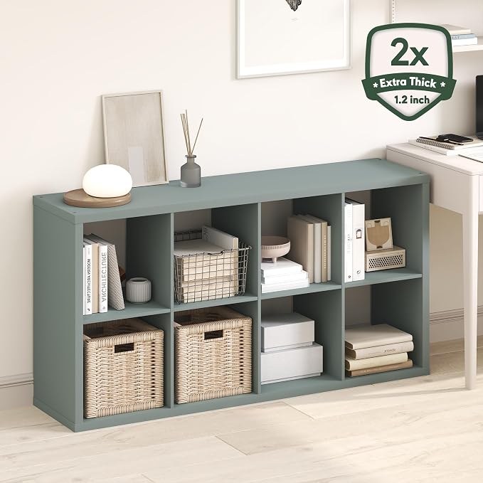 Furinno Cubicle Book Shelf, 8-Cube Bookshelf, Extra Thick Frame Horizontally & Vertically Reversible Bookcase with Open Back, 14.6" x 30" x 58", for Living Room, Bedroom, Home Office, Sage Green