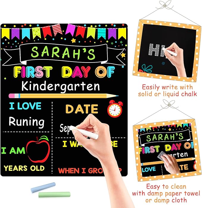First Day of School Signs, 10 x 12 Inch Double Sided Back to School Board for Kids/Girls/Boys, Reusable Wooden 1st & Last Day of Preschool/Kindergarten Chalkboard