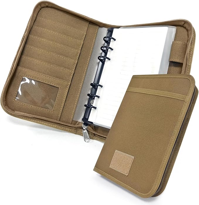 Tactical Notebook Cover, A6 Padfolio 6 Ring Binder with Big Back Pocket & Hand Strap, Zippered Hardcase Planner for Journal, College, Office, Field (Khaki, A6(5.5 x 8.5 inches))