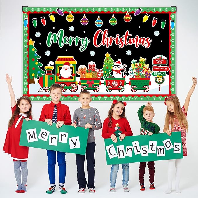 Santa Train Bulletin Board Set Christmas Bulletin Board Decorations Set Merry Christmas Decoration Kit Xmas Santa Train Cutouts for Classroom Wall Fireplace Holiday Party Garden Indoor Outdoor Decor