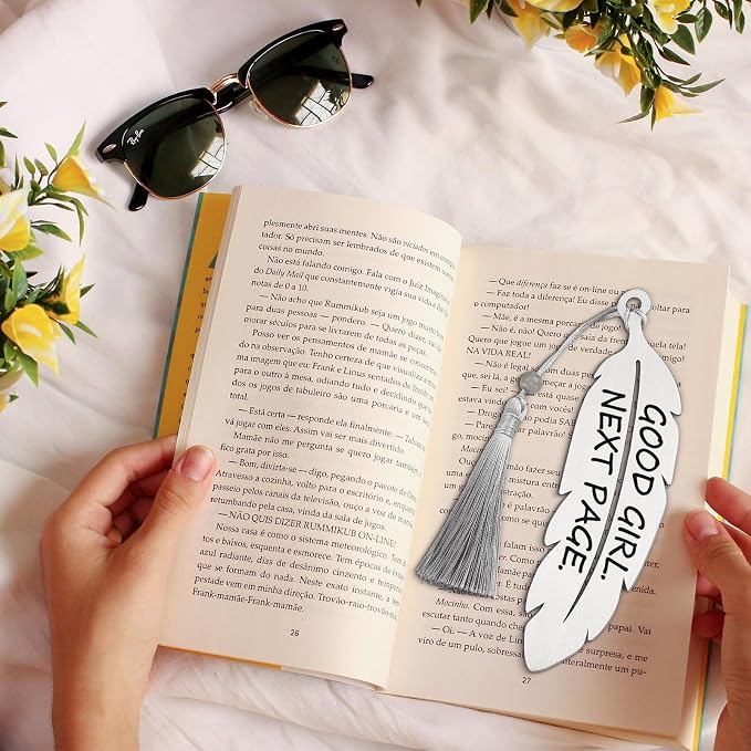 Good Girl Next Page Funny Bookmark for Women, Book Lover Gift for Teen Girls, Sisters & Best Friends, Cute Reading Humor Metal Feather Bookmark with Tassel Silver VBK221