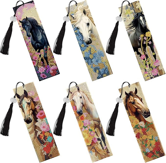 Diamond Painting Art Bookmarks - 6 PCS DIY Horse Flower Diamond Painting Kits by Numbers Farmhouse Art Craft Mothers Day Birthday Graduation Gift for Beginner Horse Lover Students Teachers