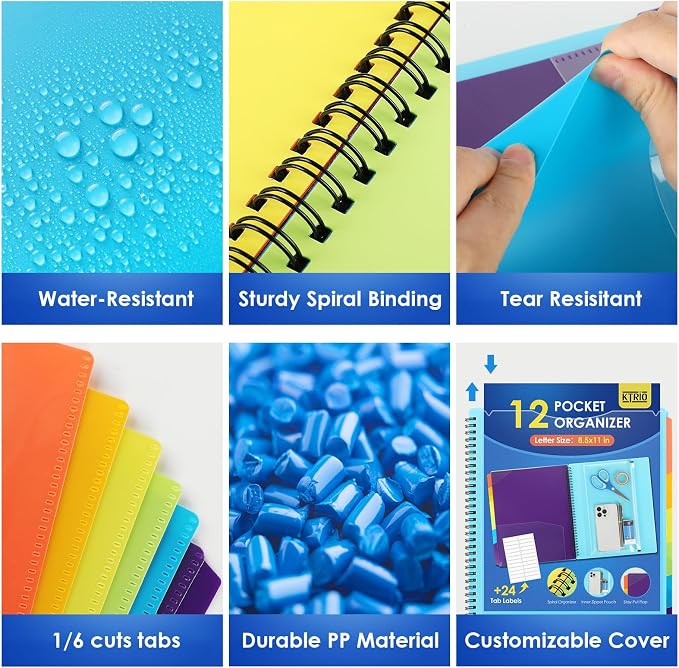 KTRIO 12 Pocket Project Organizer, Letter Size Spiral Binder,Blue | 12 Pocket Storage,Letter Size Fit,Water-Resistant Poly,Zip Pouch Included,Writable Color Tabs