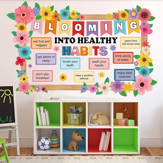 Spring Wildflower Bulletin Board Decorations Set Health Habits Classroom Bulletin Board Border Bloom Colorful Wildflower Decor Floral Paper Cutouts for Back to School Home Wall Chalkboard Supplies