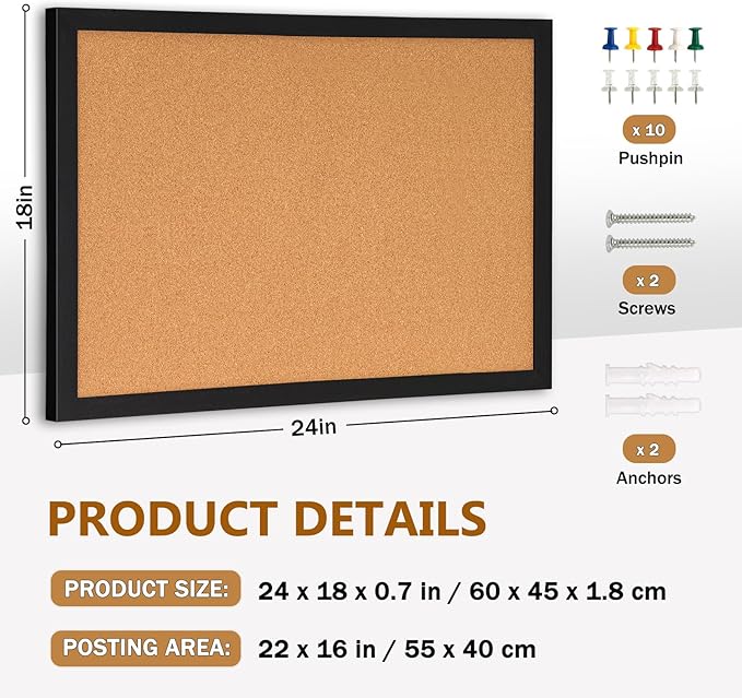 DOLLAR BOSS Cork Board for Wall 24" x 18" Bulletin Board for Wall with Black Wood Frame, Picture Display Pin Broad Vision Board for Office Home School Room Decorative Hanging 10 Pushpins